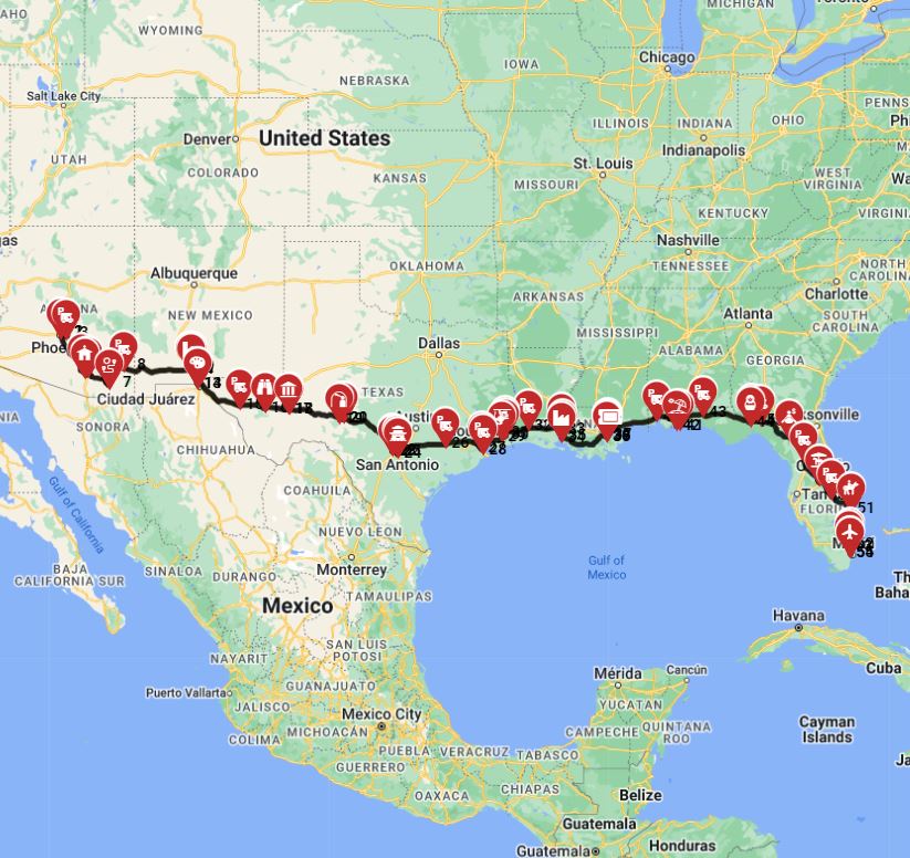 RV trip route planning wizard from Phoenix to Miami